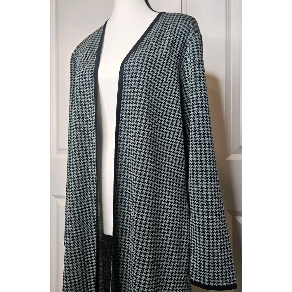Misook Long Open Front‎ Cardigan Sweater 39" Length Houndstooth Size Small